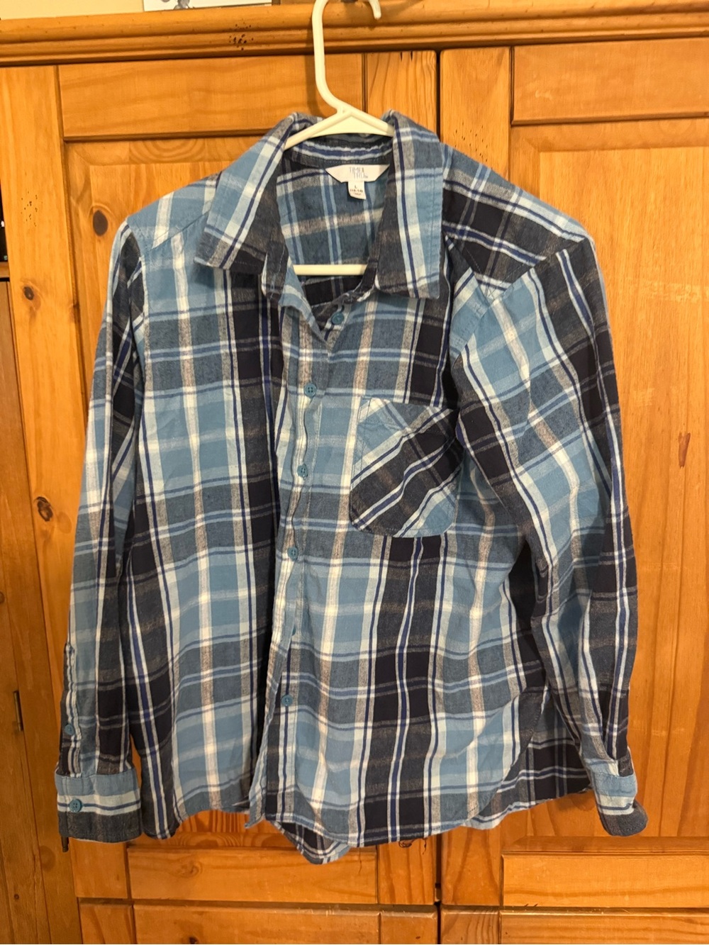 Time and Tru Light and Navy Blue Plaid Button-Down Shirt